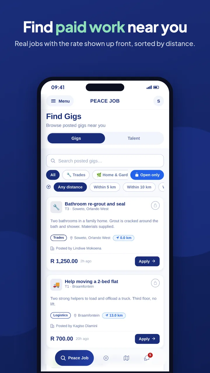 Find paid work near you: the app’s job list, showing open jobs with the rate, suburb and distance for each.