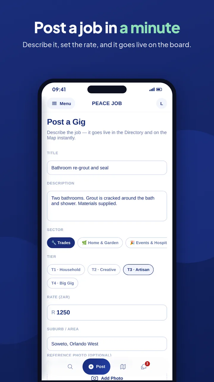 Post a job in a minute: the job form, with title, description, sector, tier, rate and suburb.